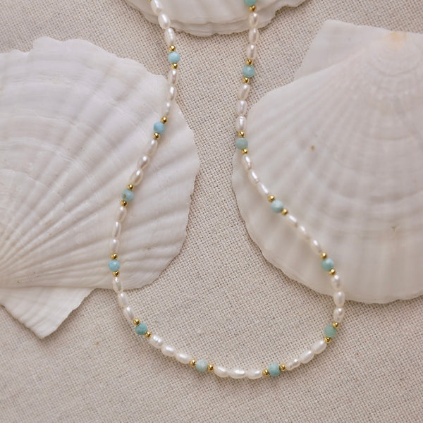 Lagoon ⟡ Larimar & Süßwasserperlen Kette ⟡ 24K Vergoldet Moony Creations